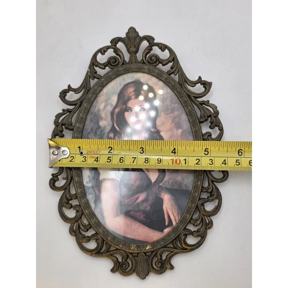 VTG Italian Florentine Brass Frame Portrait Lady Oval‎ Gallery Wall Art 8